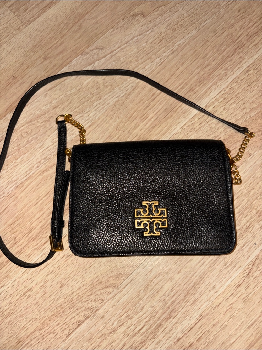 Tory Burch Black Pebbled Leather Crossbody with Gold Logo Chain